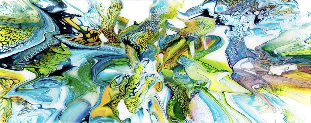 Acrylic & resin on canvas Framed in white painted wooden canvas floating frame 12 x 20 x 1.5 inches (14 x 22 inches framed)